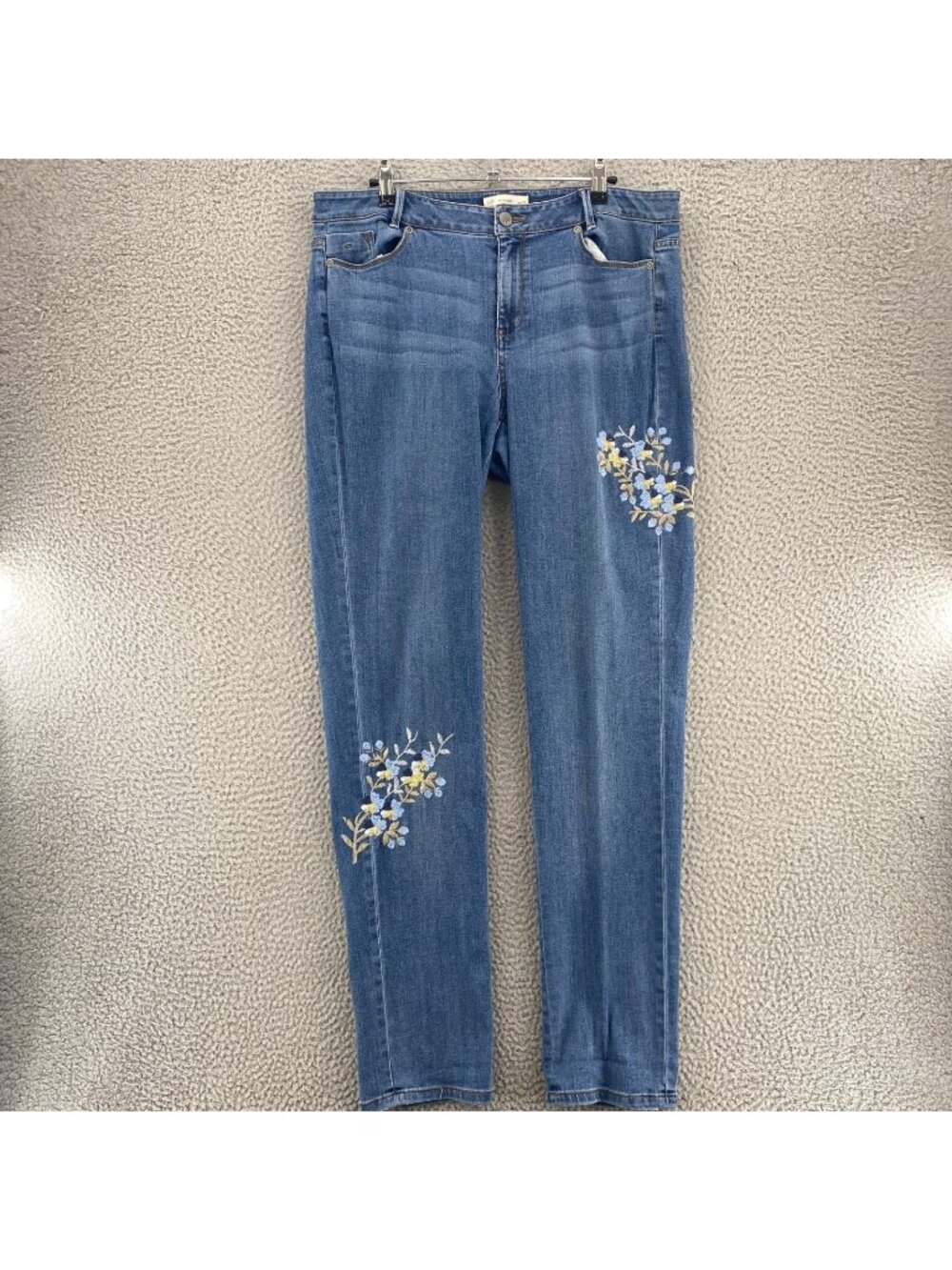 J Jill Jeans Womens 12 Tall Blue Denim Weekender Straight Leg Floral Embroidery